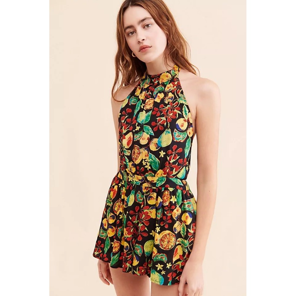 Free‎ People Fruit Print Halter Romper Black Citrus Floral Open Back Medium